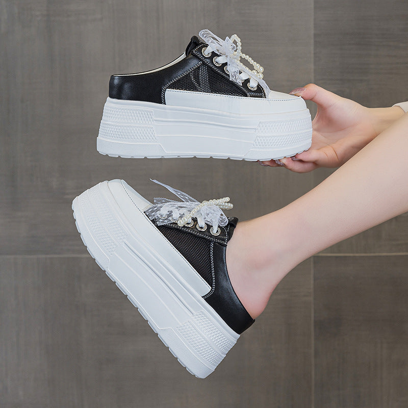 Women's Closed Toe Half Summer Breathable Mesh Thick Bottom Height Increasing Thick-soles Slippers