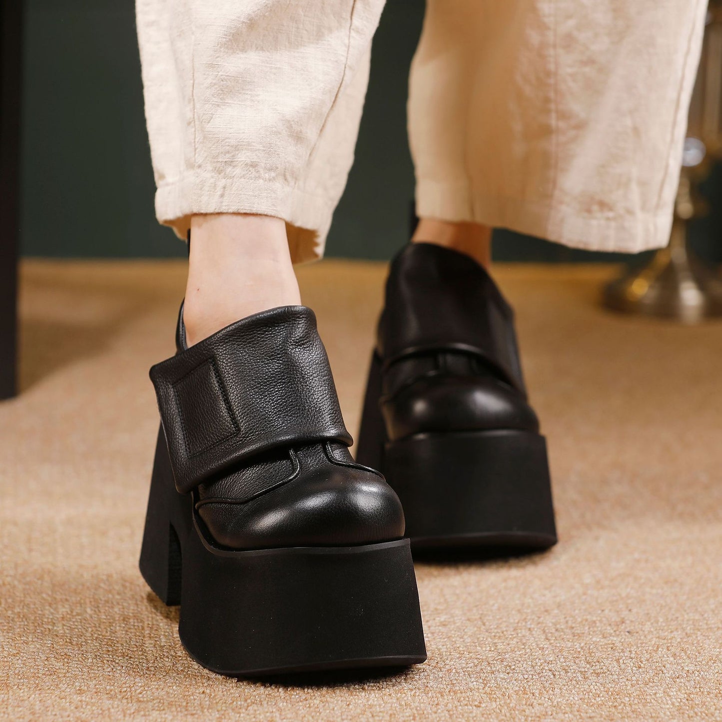Women's Authentic Platform Pure Cowhide Small Elevator Velcro Deep Women's Fashion Shoes