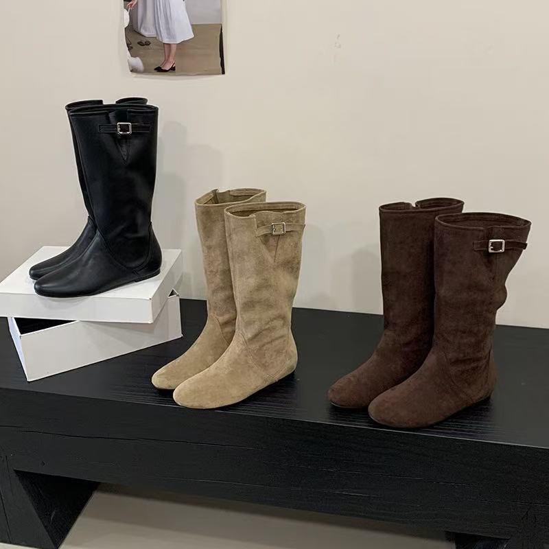 Fashionable Simple Round Head Korean Style Flat Slimming Fashion Women's Leather Boots