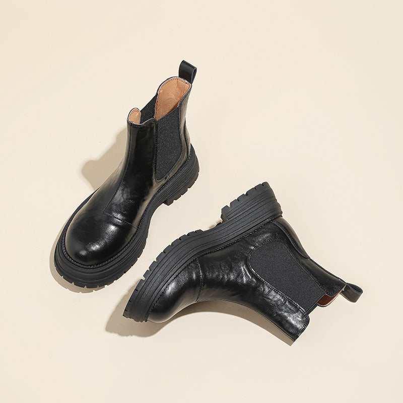 Women's Round Head Chunky Platform Smoke Pipe Chelsea Women's Leather Boots
