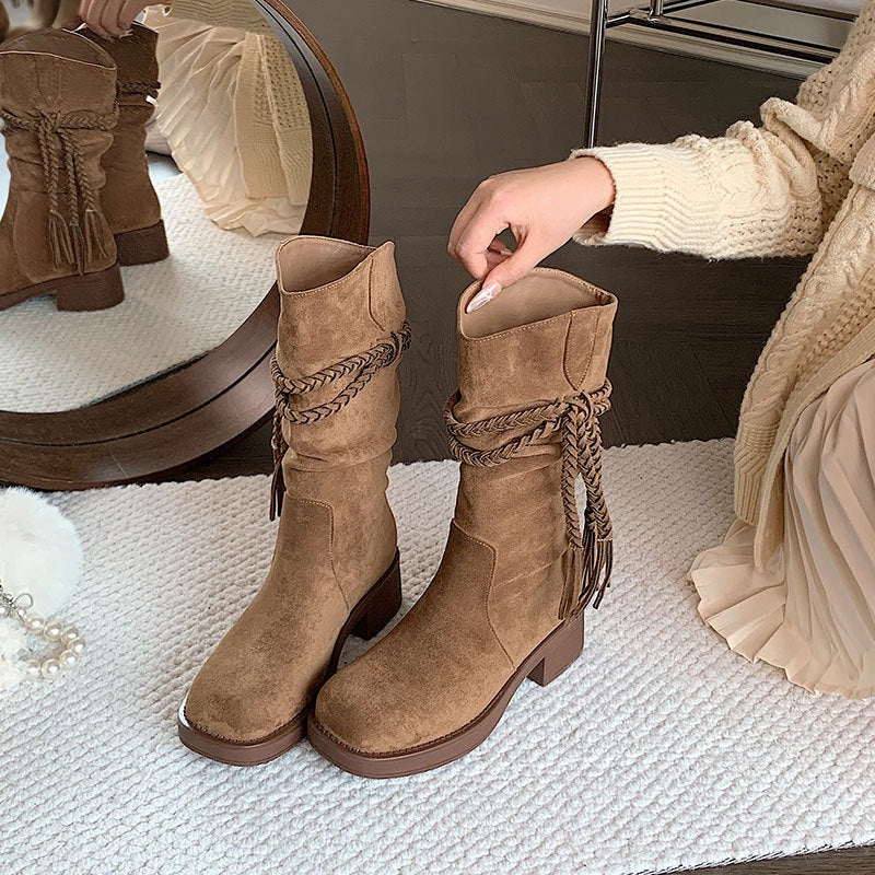 Women's Waste Soil Style Tassel Western Denim Knight Thick Brown Retro Women's Leather Boots