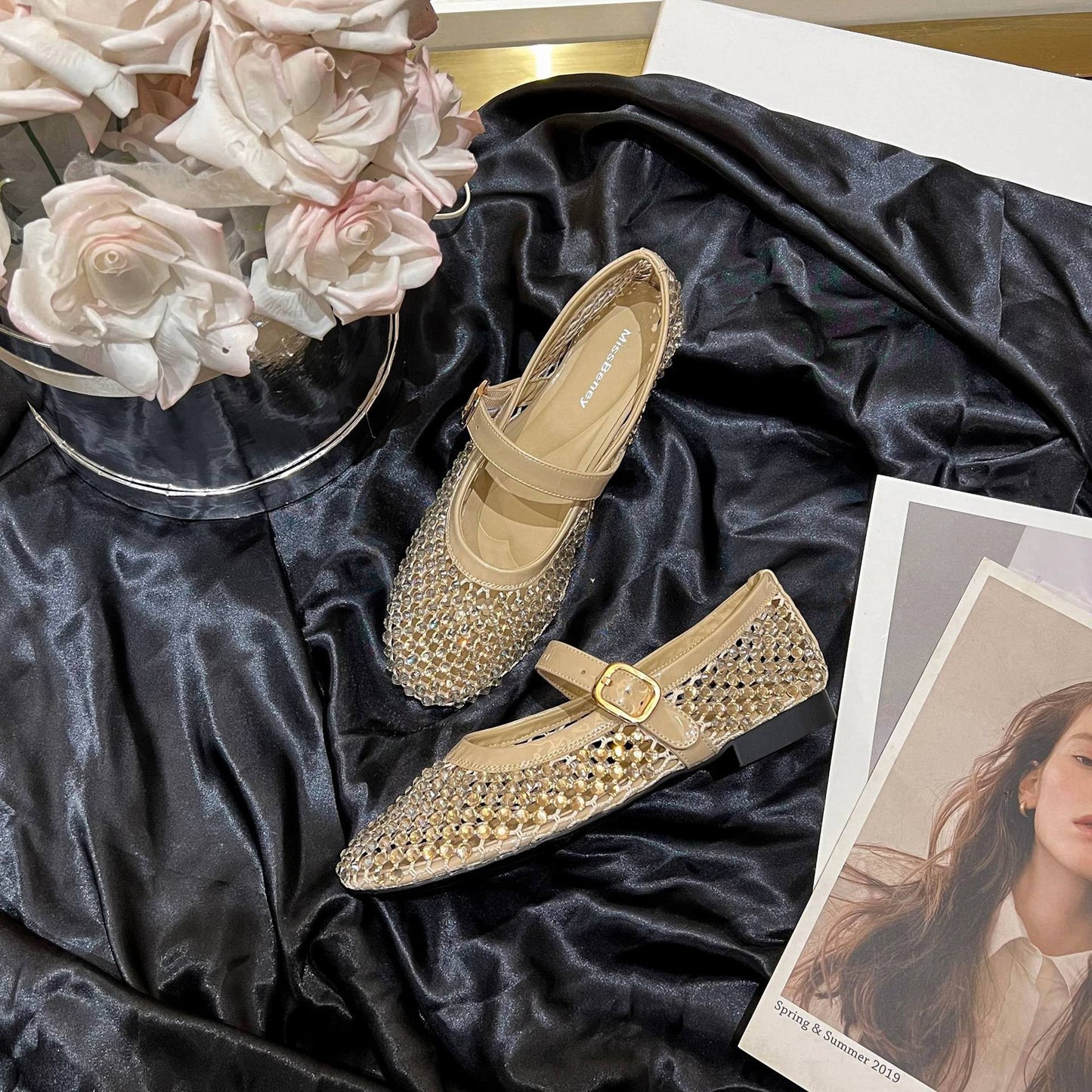 Diamond Mary Jane Summer Elegant Cowhide Flat Soft Sandals