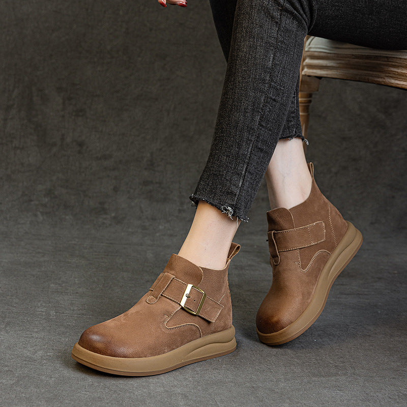 Women's Female Thick Bottom Leisure Artistic High Veet Women's Leather Boots