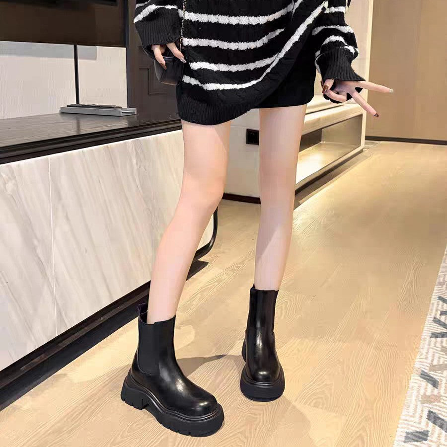 Women's Smoke Pipe British Style Platform Single Chelsea Black Martin Women's Leather Boots