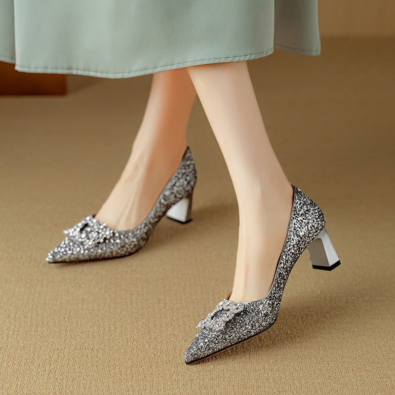 Women's Chunky Champagne Gold French High Rhinestone Square Buckle Bridal Wedding Men's Shoes
