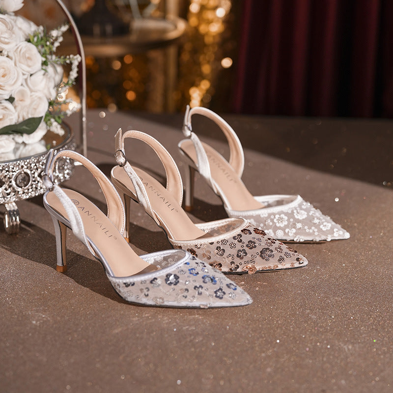 Women's Pointed Toe Mesh Lace High-heeled Rear Empty Women's Fashion Shoes