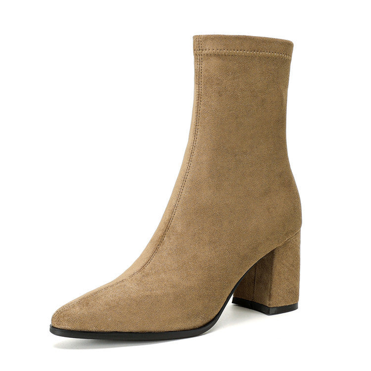 Women's French Style High Stretch Winter Side Zipper Thick Women's Leather Boots
