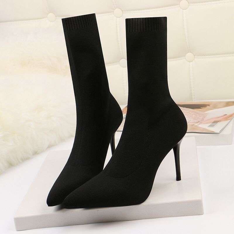 Women's Stiletto Pointed High Stretch Knitted Single-layer Slimming Large Size Versatile Women's Leather Boots