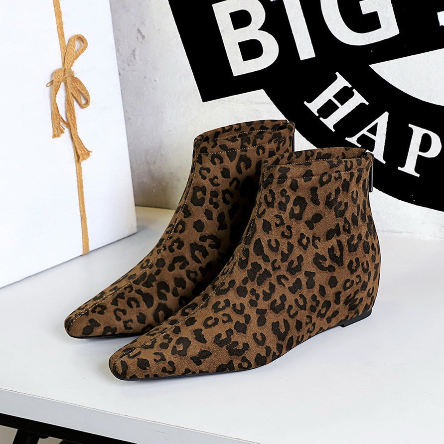Sexy Ankle Height Increasing Insole Wedge Mid Back Zipper Leopard Heels