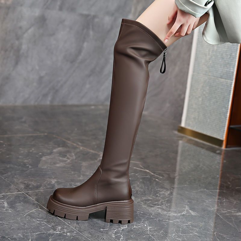 Women's Fashion High Winter Round Head Chunky Women's Leather Boots