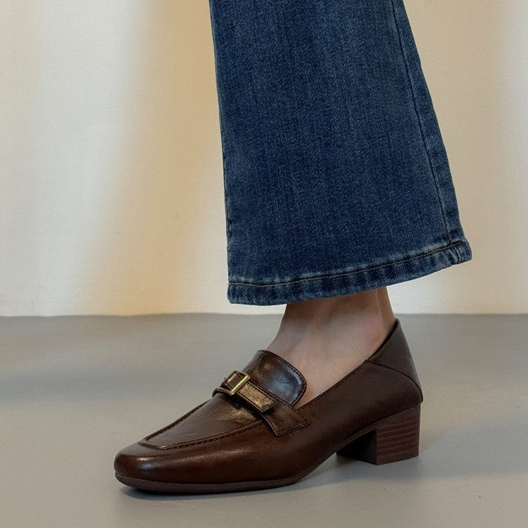 Women's Cowhide Square Toe Commuter Chunky French Pumps Loafers