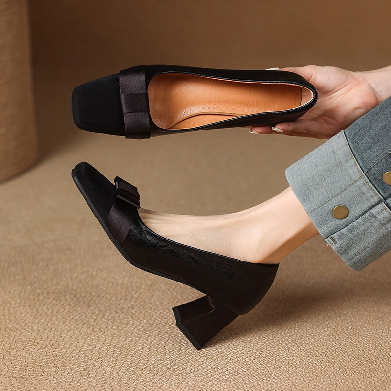 Women's Large Size Retro Square Toe Stitching Chunky Pumps Bow Men's Shoes