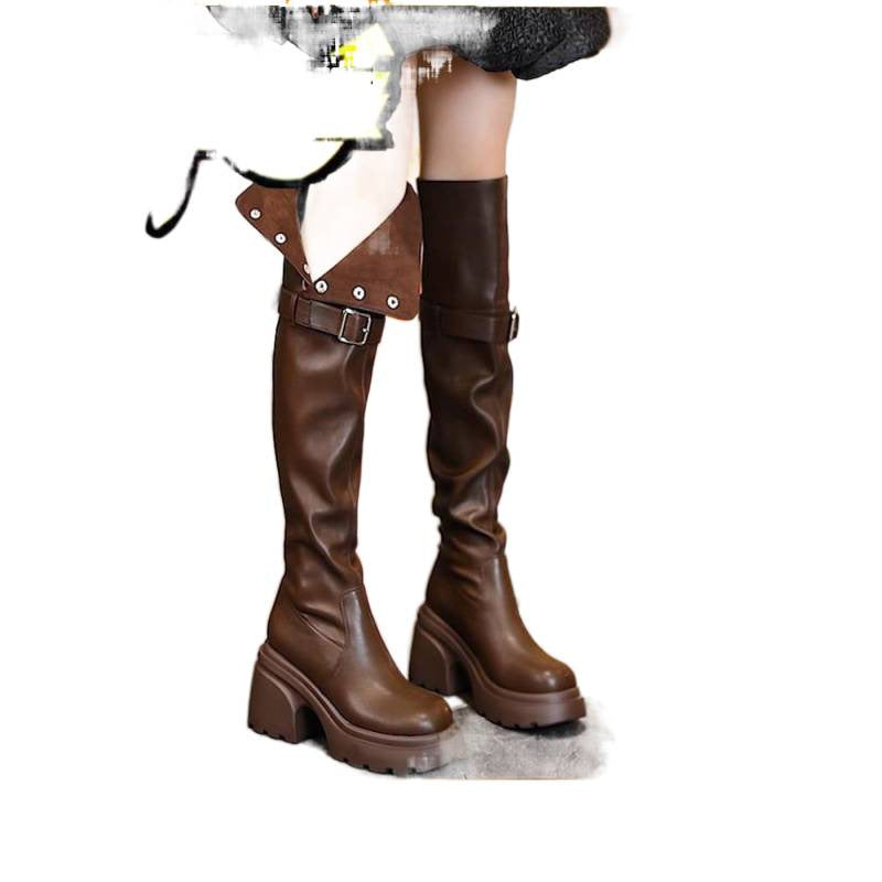 Women's Over The Knee Round Toe High Chunky Women's Leather Boots