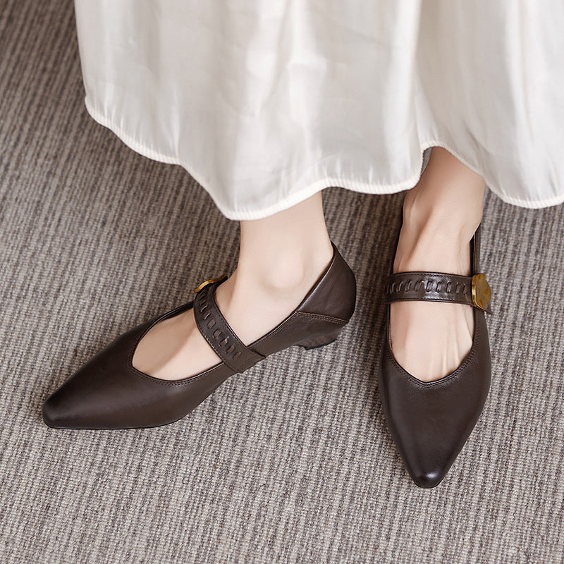 Women's Spring Pointed Toe Western Style Cowhide French Low Velcro Shallow Women's Casual Shoes