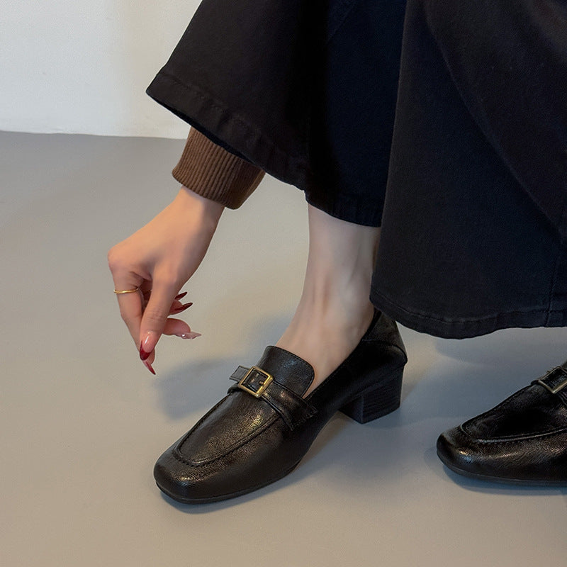 Women's Cowhide Square Toe Commuter Chunky French Pumps Loafers