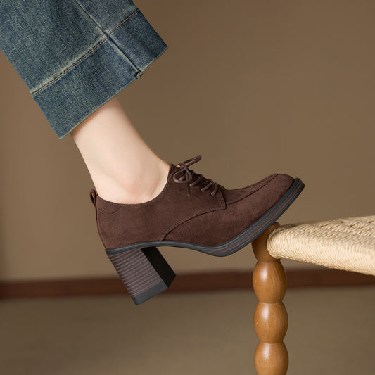 Women's Soft Cowhide Platform High Pumps British Leather Shoes