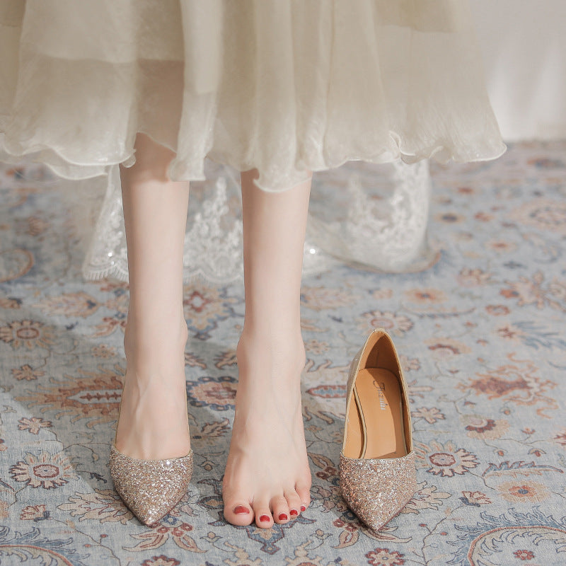 Women's Banquet Dress Sequined Stiletto Patent Nude Single-layer French Wedding Heels