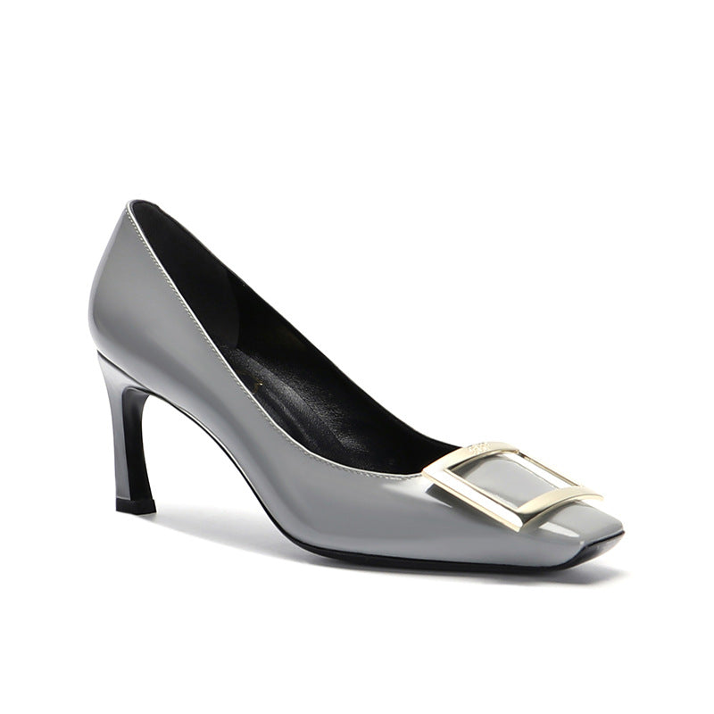 Women's Metal Buckle Patent Square Toe Mid Women's Casual Shoes