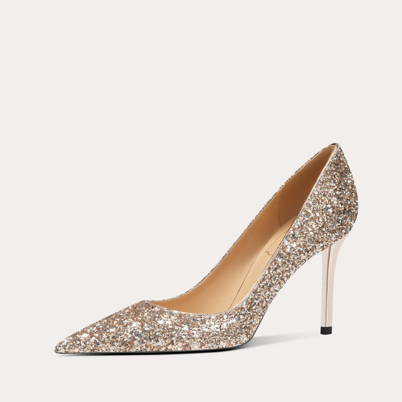 Women's French Sheepskin Light Gold Wedding Bridesmaid Pointed Stiletto Heels