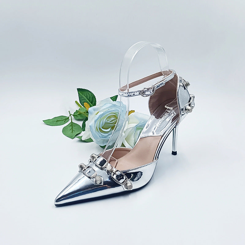 Women's Lens Rivet High Hollow Punk Stiletto Belt Women's Fashion Shoes