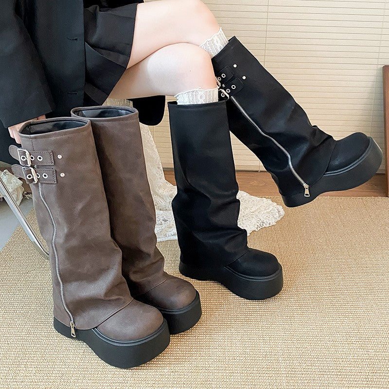 Women's Bottom Increased Autumn Muffin Pleated Pile Pants Pipe Small Boots