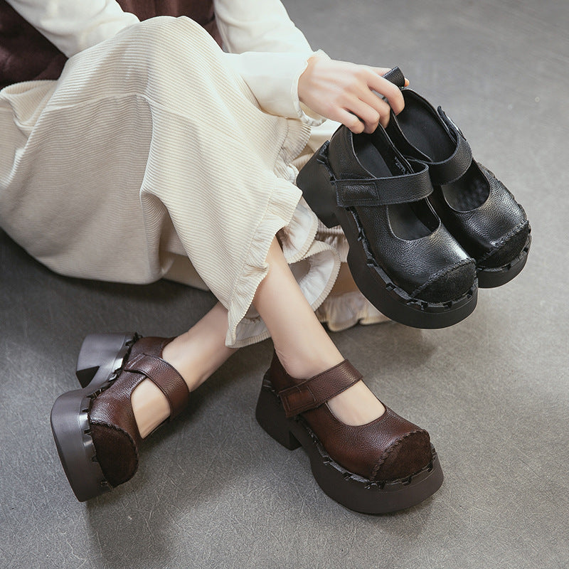 Women's Artistic Retro Platform Pumps Ugly Cute Head Velcro Women's Casual Shoes