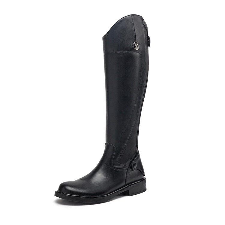 Women's Low Tall Knight Flat Black Women's Leather Boots