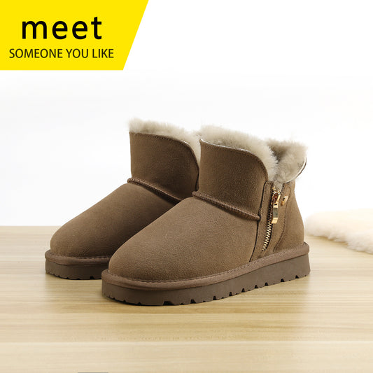 Women's Matte Cowhide Fur Integrated Short Thickened Snow Boots
