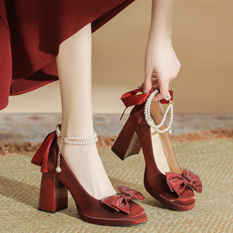 Women's Spring Red Mary Jane High Chunky Chinese Style Bridal Women's Fashion Shoes