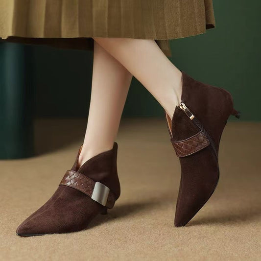 Women's Cat Pointed Toe Booties Soft V Cut Women's Leather Boots