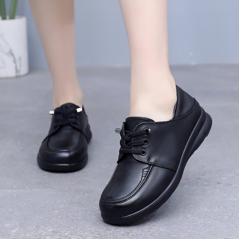 Women's Spring British Style Round Toe Flats Soft Cowhide Women's Shoes