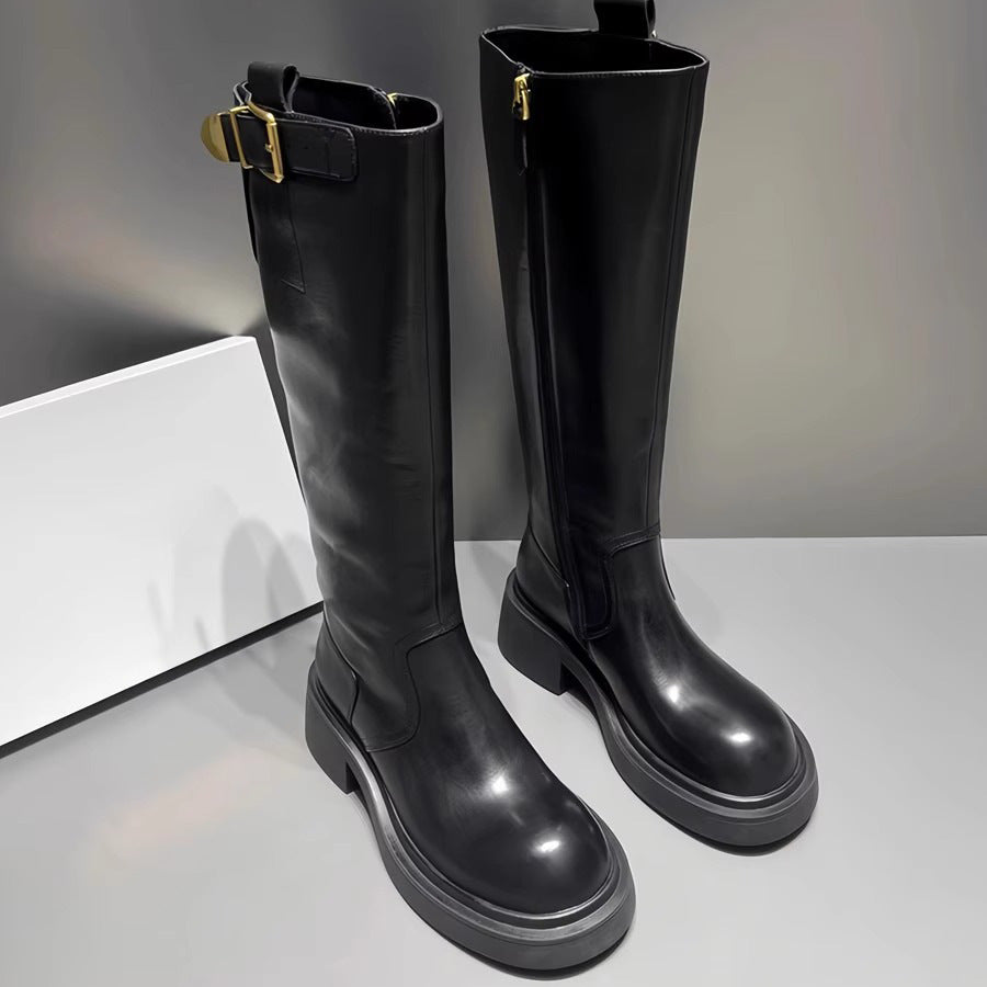 Women's Widened Metal Buckle Knight Fleece-lined Black Round Chunky Women's Leather Boots