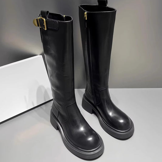 Women's Widened Metal Buckle Knight Fleece-lined Black Round Chunky Women's Leather Boots