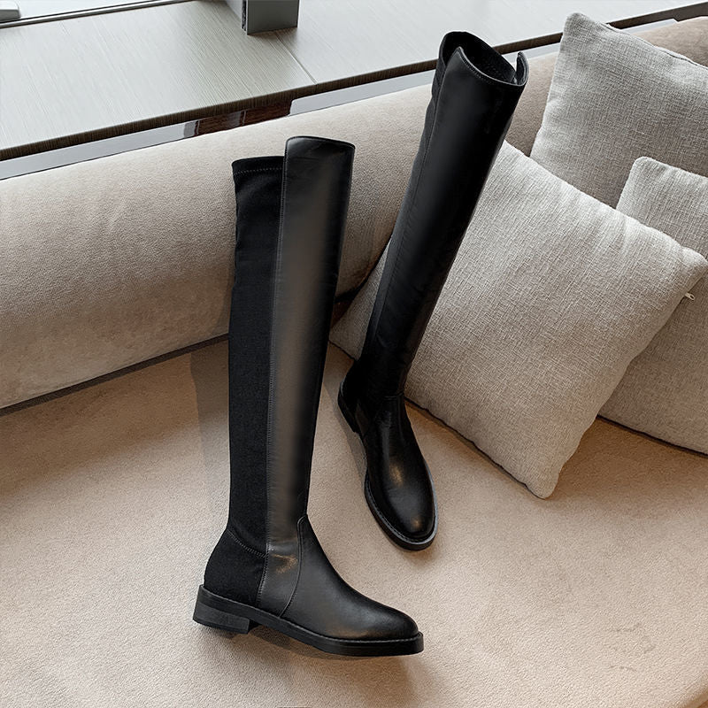 Women's Autumn Wellingtons Flat Chunky Knight Skinny Women's Leather Boots