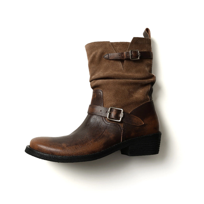 Women's Distressed Fashion Brushed Chunky Platform Knight Belt Boots