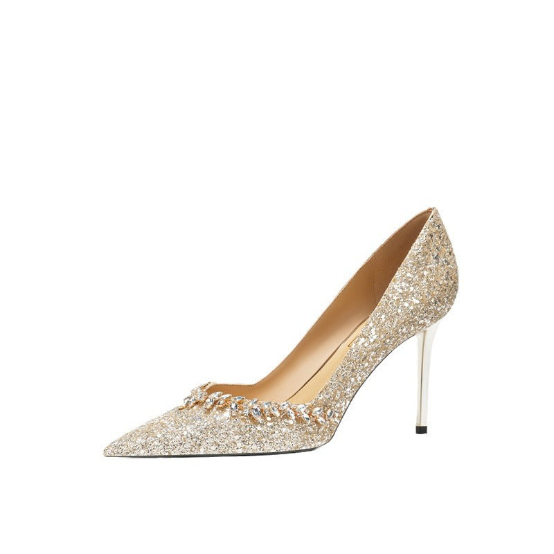 Yarn Bridal Banquet Temperament Sequined High Sheepskin Pointed Toe Design Heels