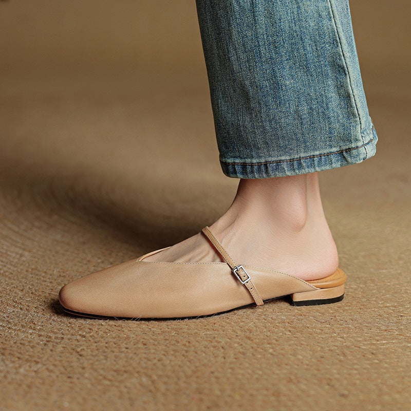 Women's Square Toe Cowhide Closed Low Flat Bottom Comfort Women's Fashion Shoes
