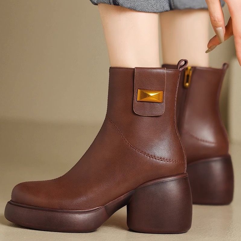Women's Soft Chunky Platform Round Toe Smoke Pipe Retro Chelsea Women's Leather Boots