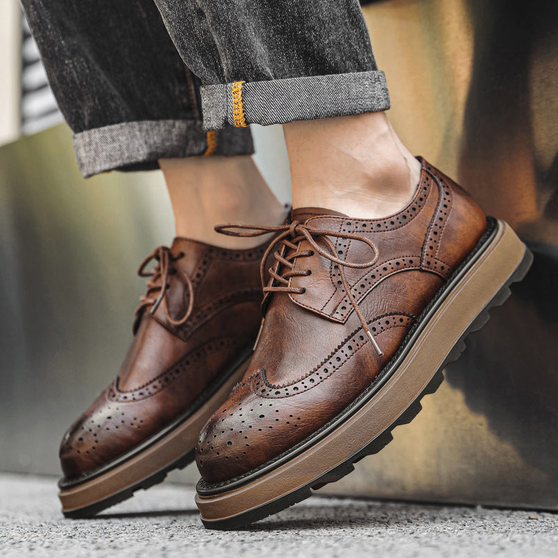 Men's Style Vintage Engraving Commute Thick Sole Increased Derby Men's Business Leather Shoes