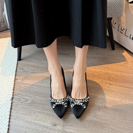 Women's French Style Temperament Rhinestone Black Professional Women's Shoes