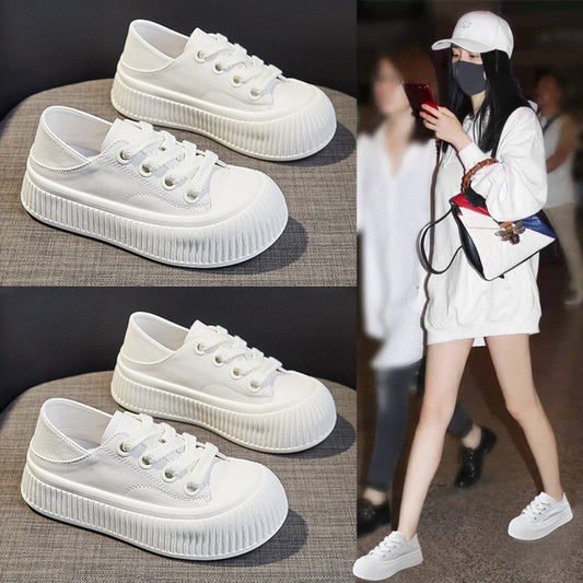 Women's White Trendy Lace Up Cowhide Platform Sneakers