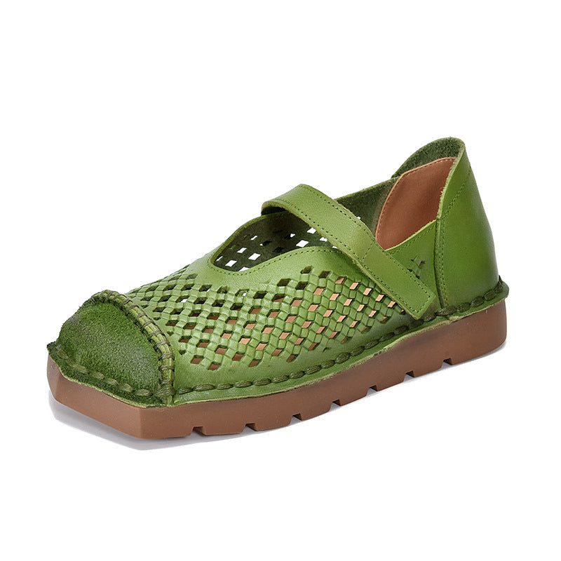 Women's Hollow Square Toe Breathable With First Layer Retro Holes In Sandals