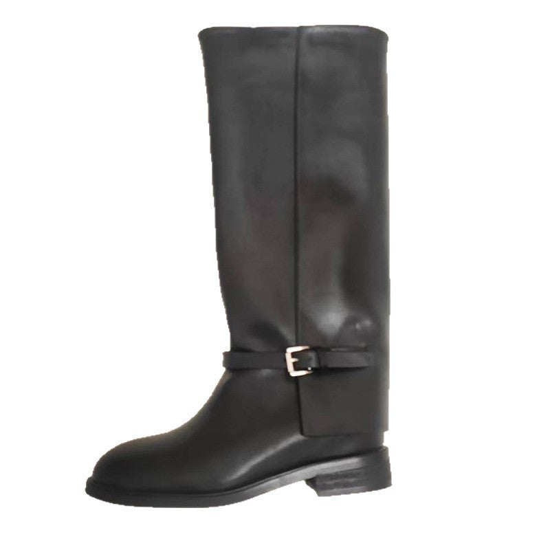 Women's Slimming Belt Buckle Knight Genuine Below The Knee High Leg Boots
