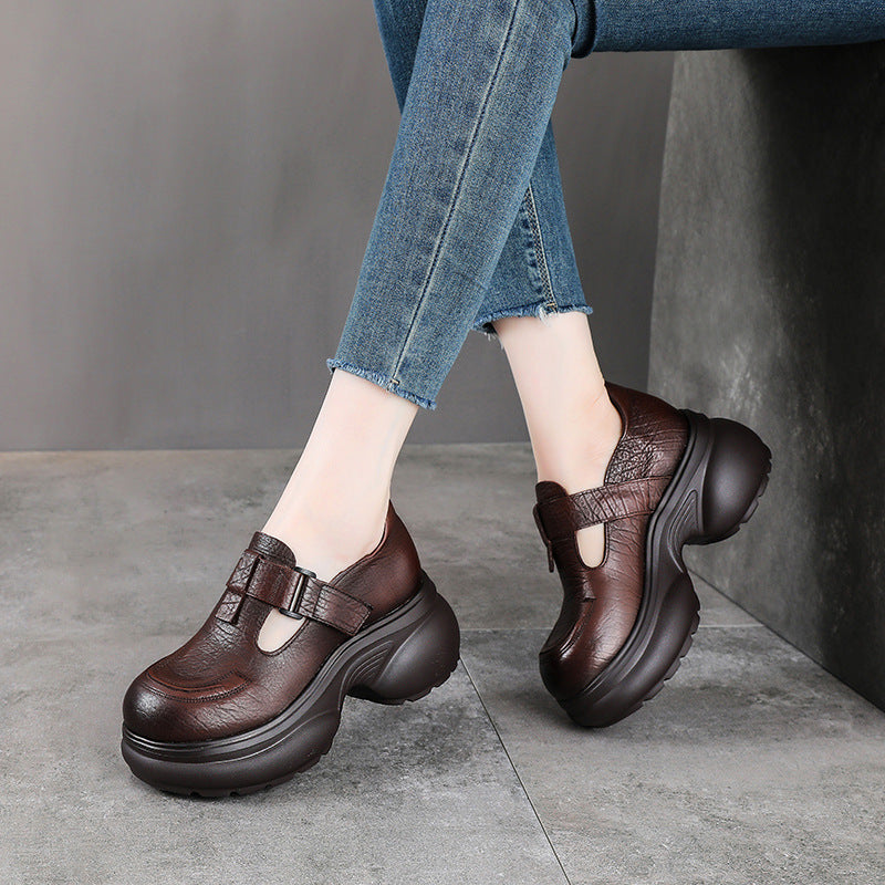 Women's Platform British Style First Layer Cowhide Round Toe Velcro Women's Fashion Shoes