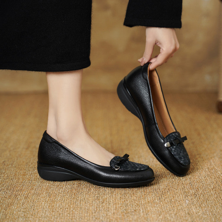 Women's Round Head Woven Korean Style Pumps Soft Sheepskin Low-cut Chunky Women's Fashion Shoes