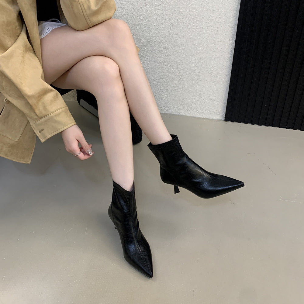 Pointed Stiletto Fashion Winter Mid Simple Graceful Women's Leather Boots