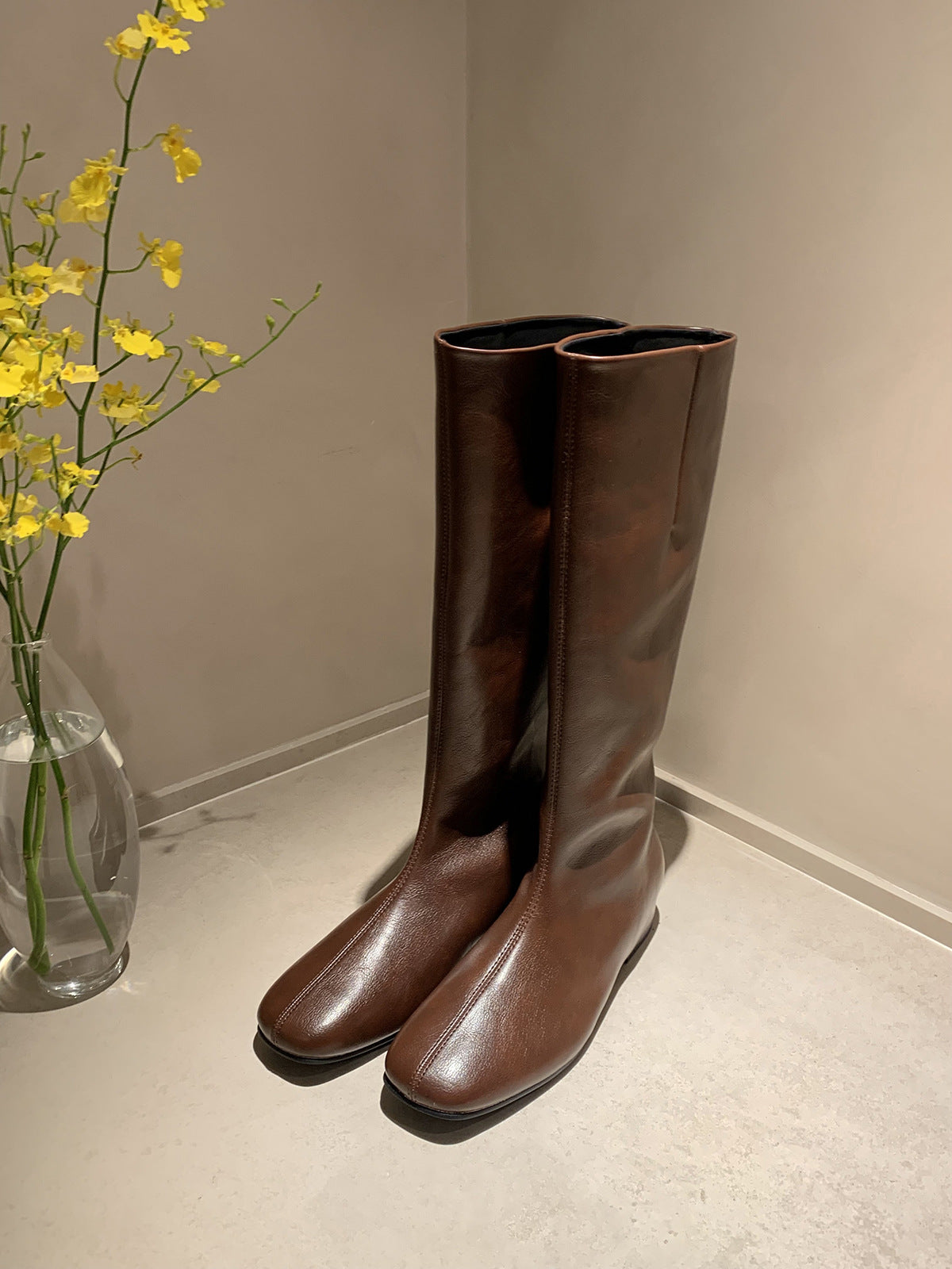 Mom Fleece-lined With Hidden Long Female Versatile Retro Head Skinny Women's Leather Boots