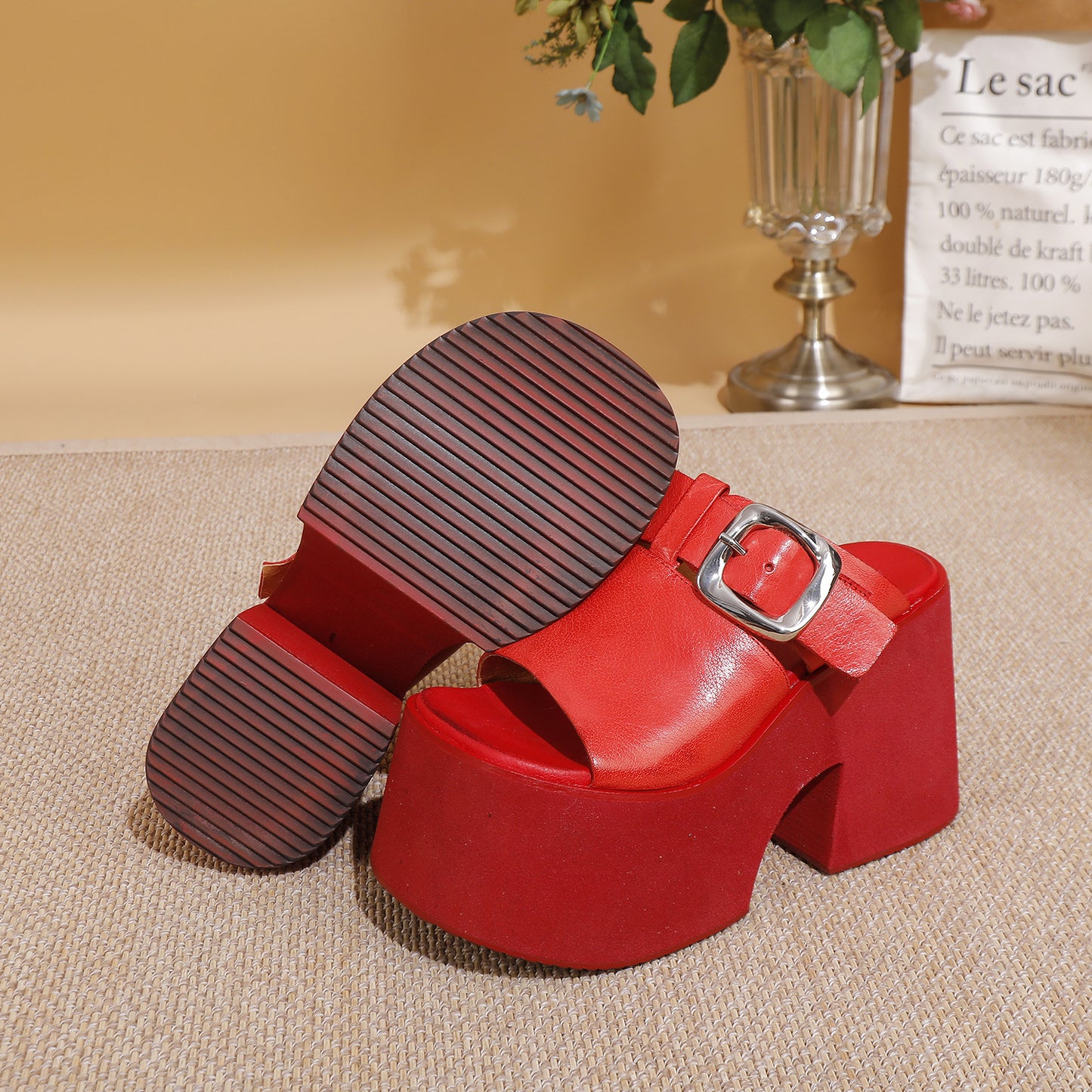 Women's Ancient Summer First Layer Cowhide Platform Height Increasing Outer Wear Slippers