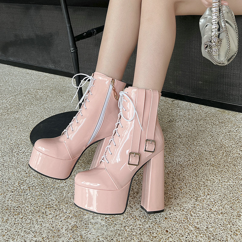 Women's Short Patent Round Head Thick Bottom Super High Front Martin Women's Leather Boots