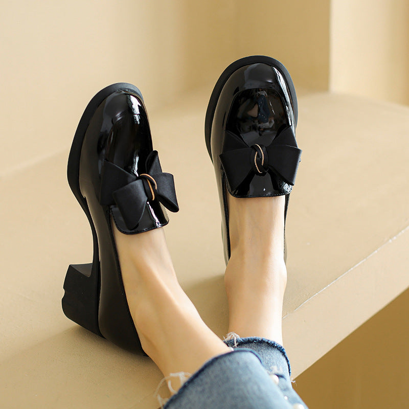 Women's Round Toe Mid Bow Chunky High Black Women's Shoes